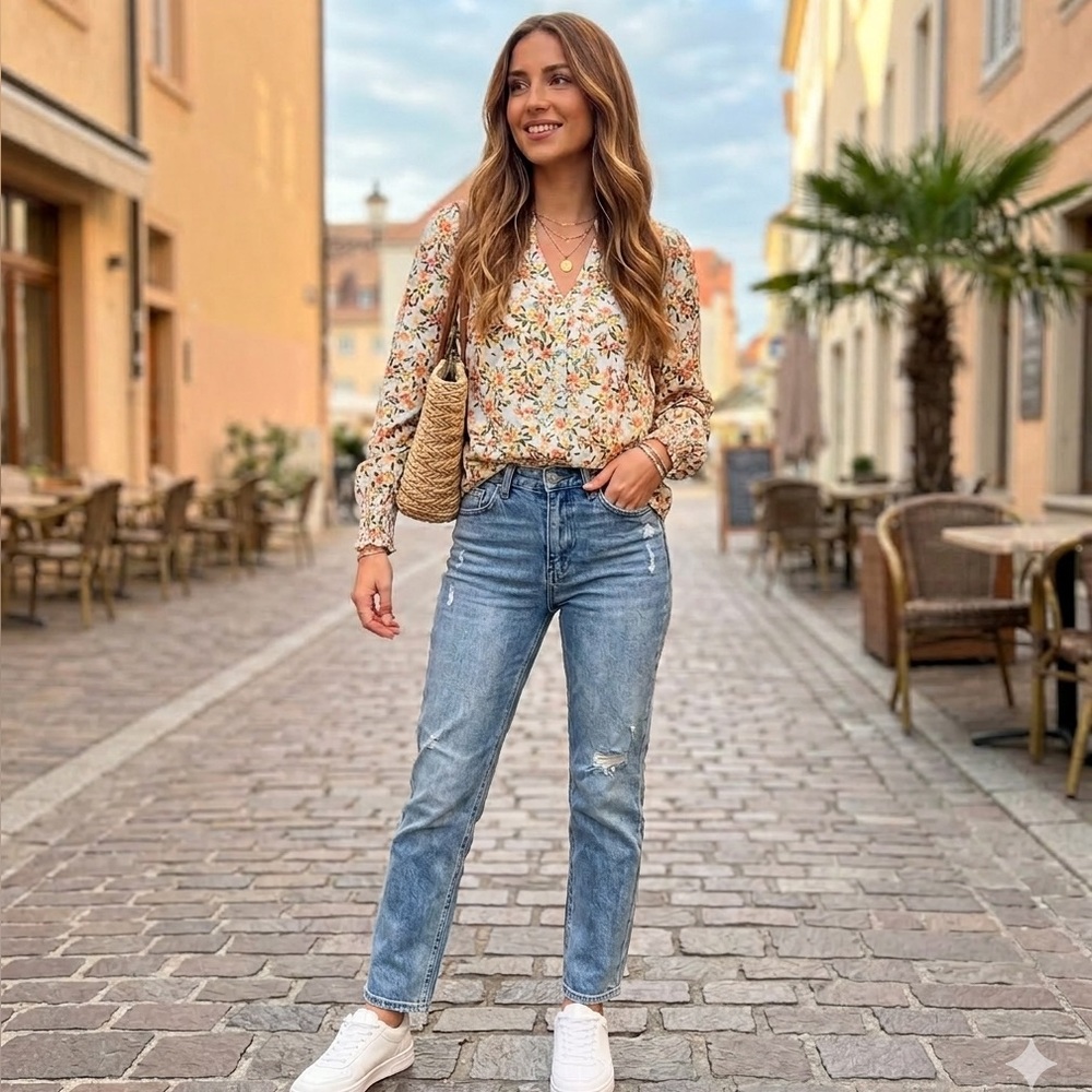 Anrabess Floral V-Neck Long Sleeve Blouse with Smocked Cuffs